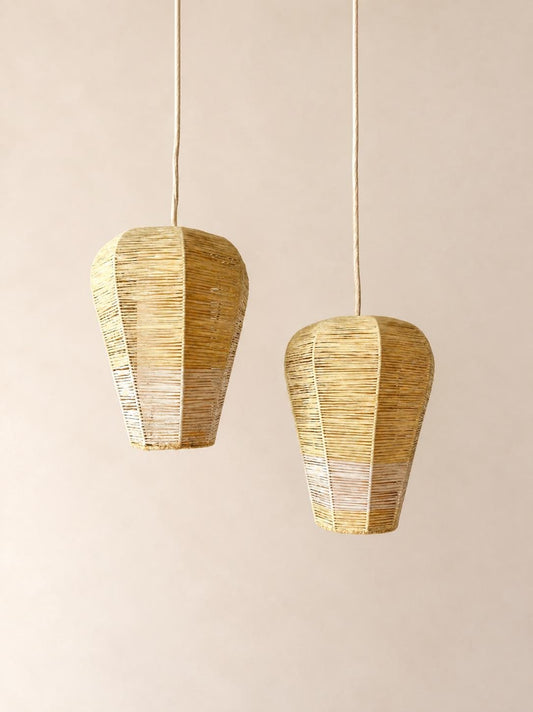 Pair of Vintage 50s Raffia Pendant Lights, Woven Geometric Ceiling Lamps — photo 1
