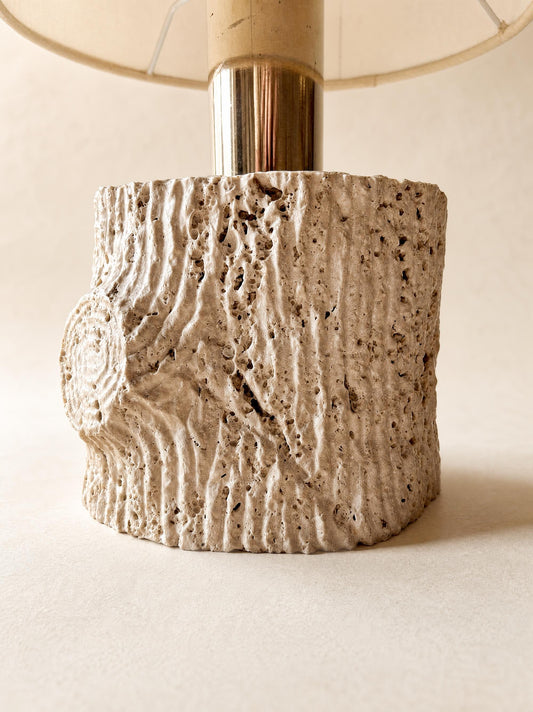 Vintage Italian Sculpted Travertine Table Lamp with Drum Shade — photo 2