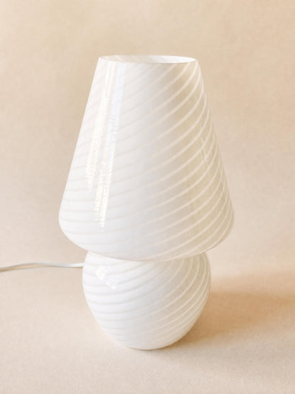 Vintage Italian 70s Murano Mushroom Table Lamp, White Swirl Opaline Glass — photo 3