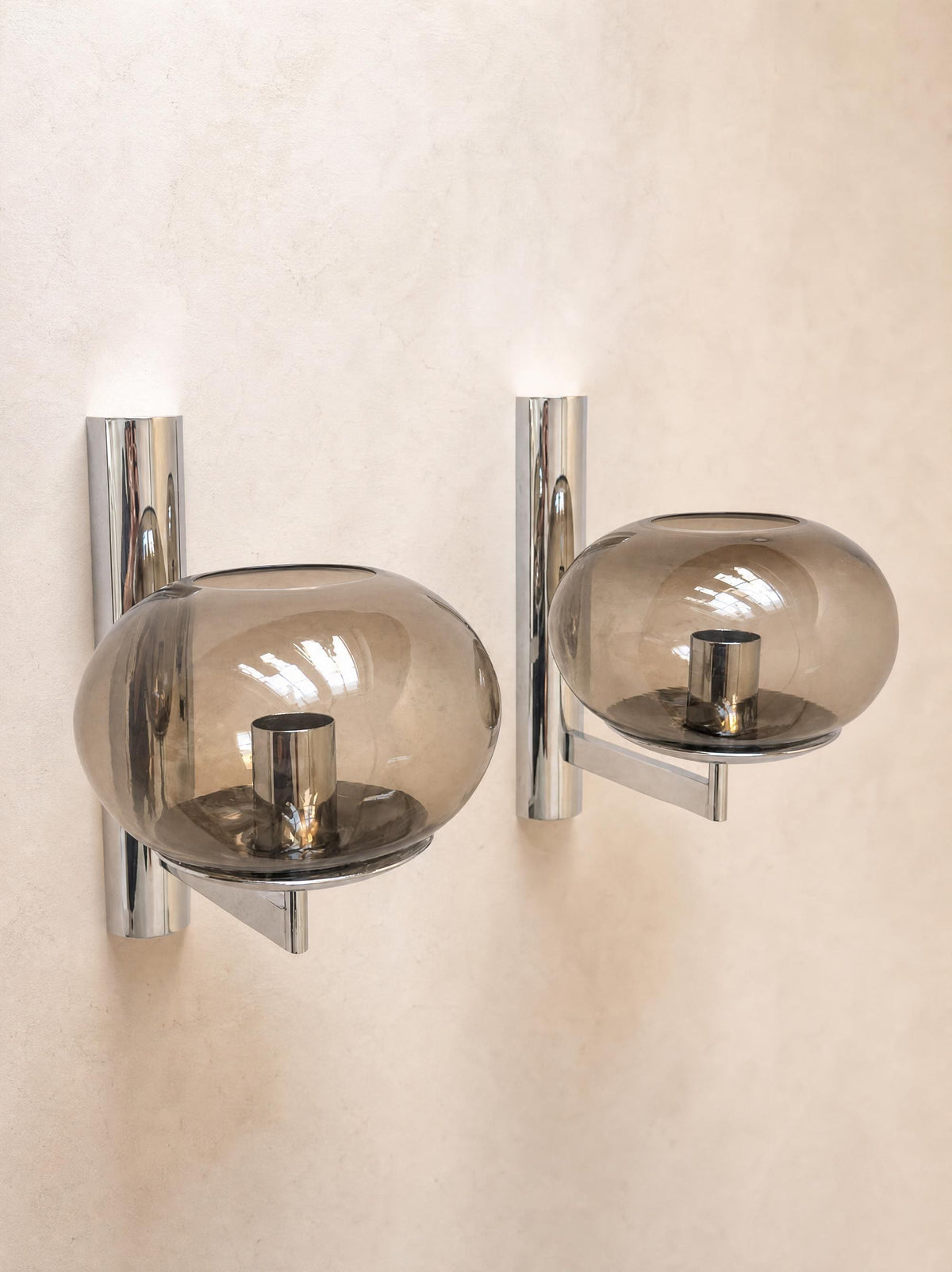 Gaetano Sciolari Vintage 70s Wall Sconces in Chrome and Smoked Glass — photo 3
