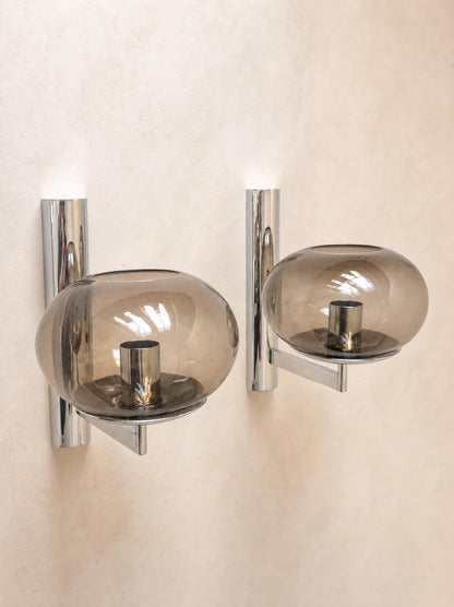 Gaetano Sciolari Vintage 70s Wall Sconces in Chrome and Smoked Glass — photo 3