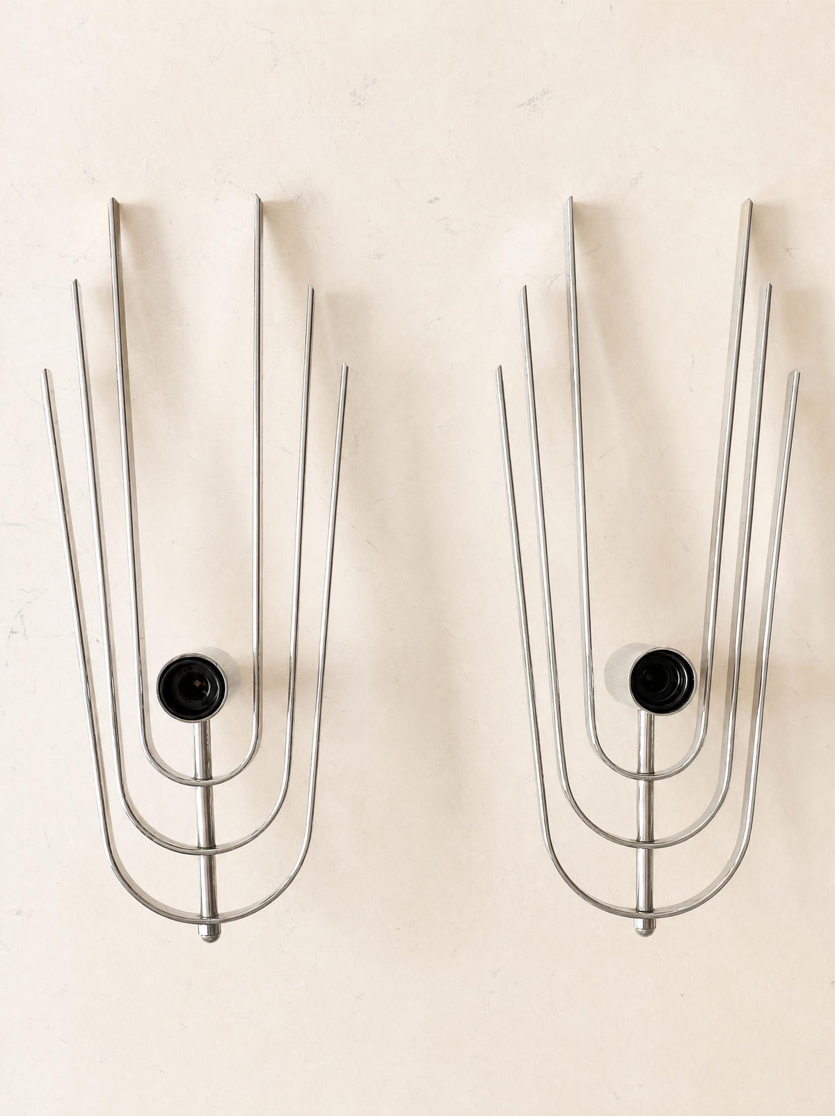Pair of Vintage 70s French Chrome Wall Lights, Sculptural Sconces — photo 9