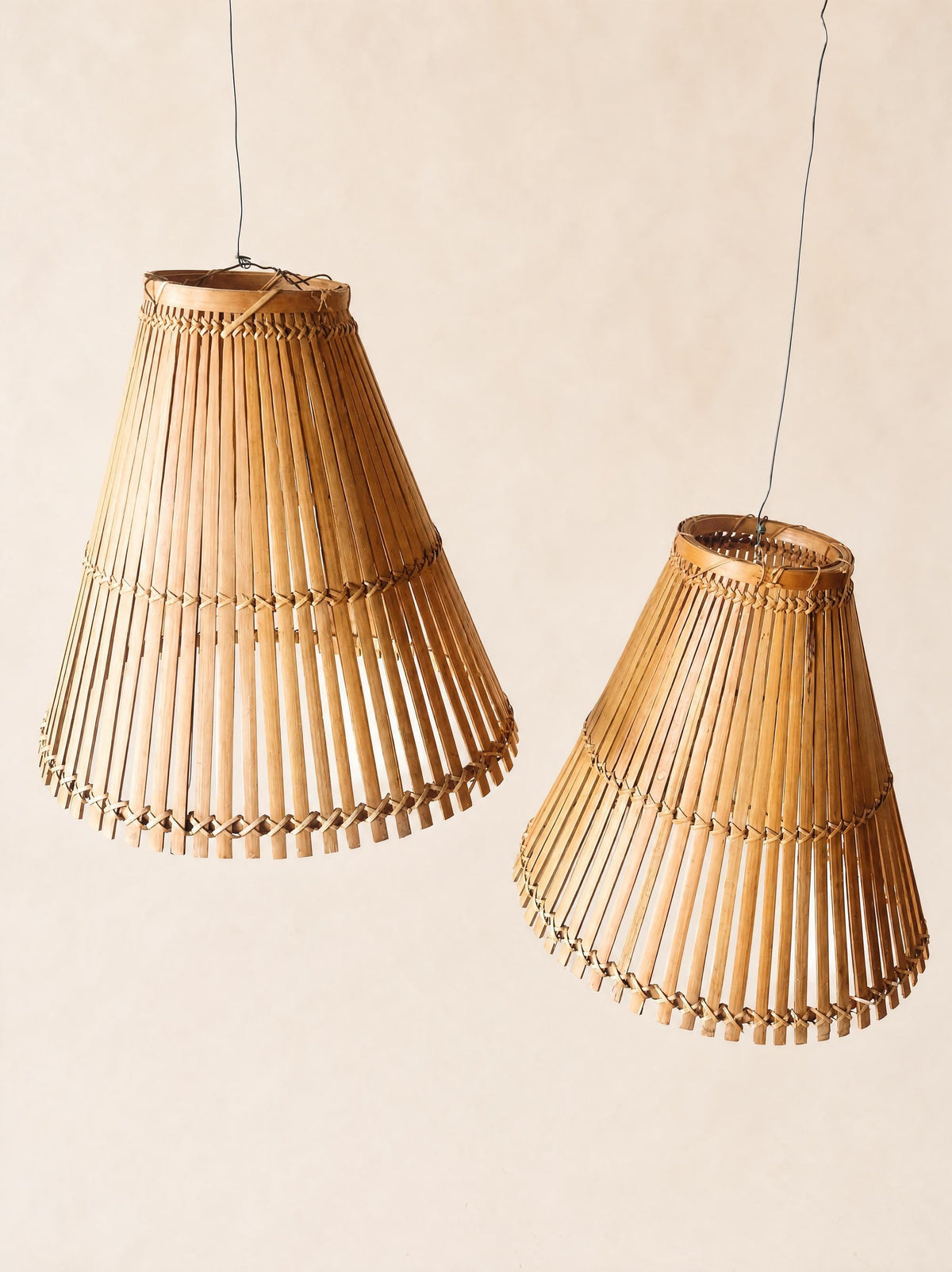 Pair of Vintage French 60s Handmade Bamboo Pendant Lampshades — photo 3