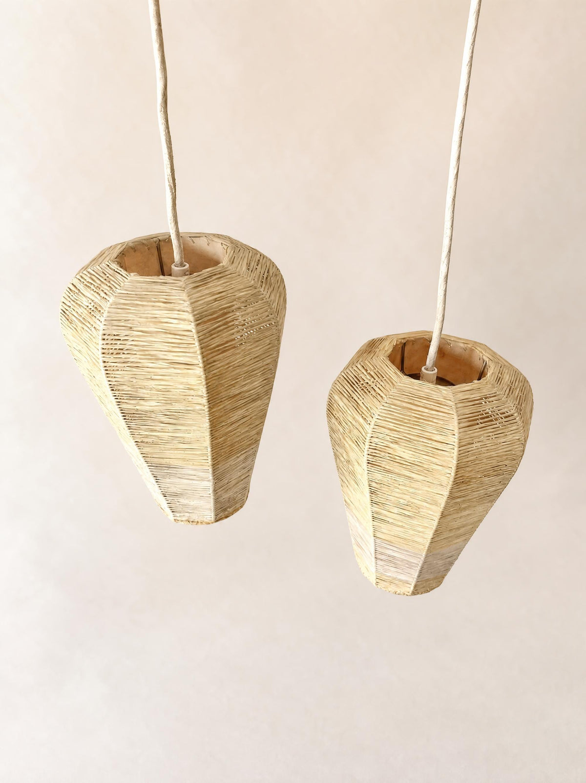Pair of Vintage 50s Raffia Pendant Lights, Woven Geometric Ceiling Lamps — photo 2