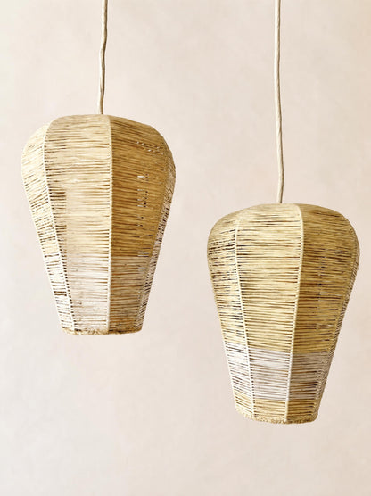 Pair of Vintage 50s Raffia Pendant Lights, Woven Geometric Ceiling Lamps — photo 4