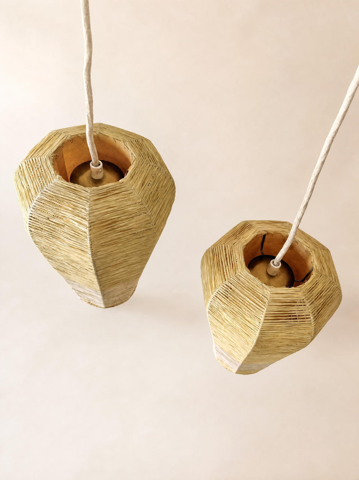Pair of Vintage 50s Raffia Pendant Lights, Woven Geometric Ceiling Lamps — photo 9