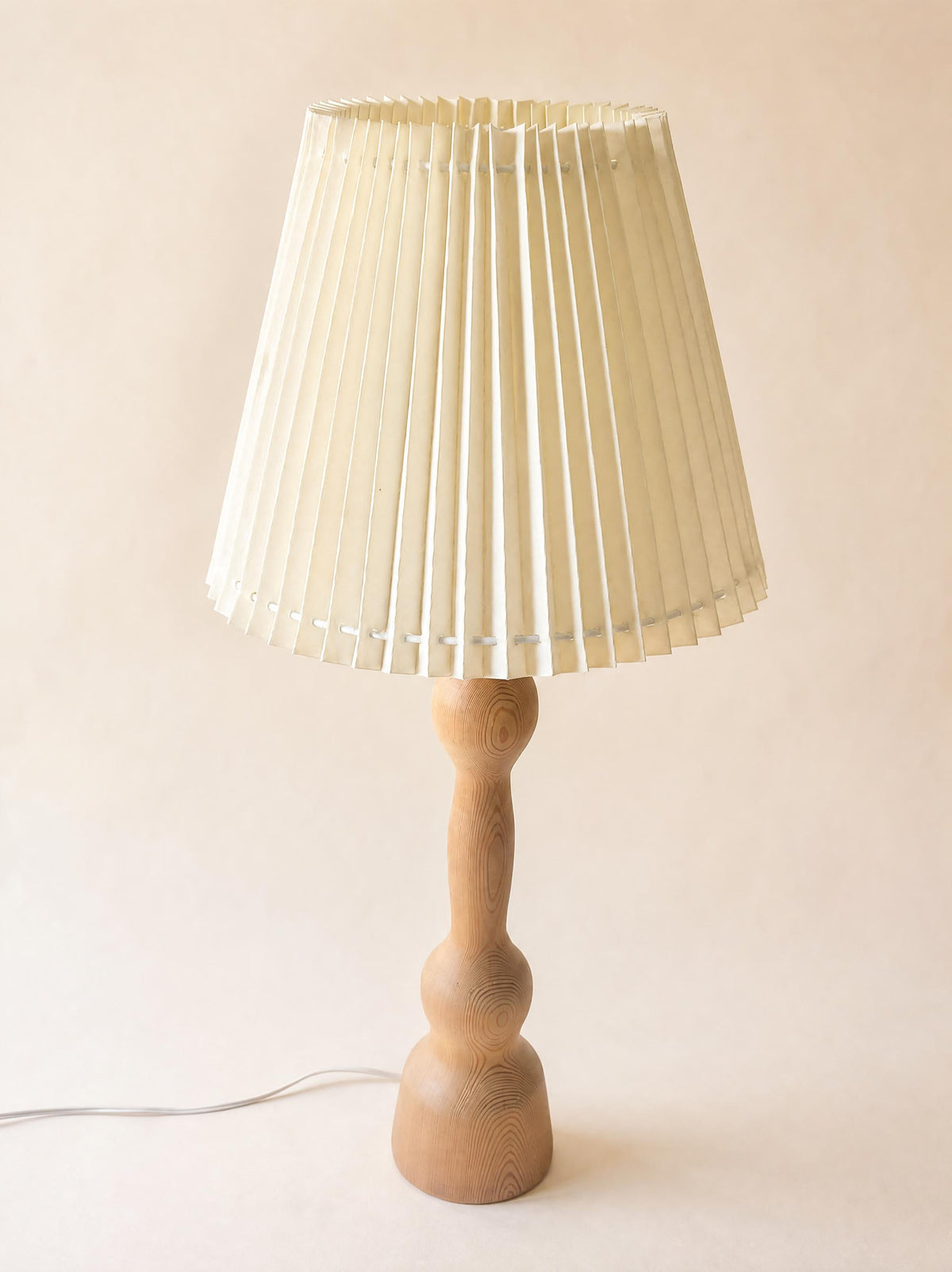 Large Danish Vintage Hand-Carved Wooden Table Lamp with Pleated Shade — photo 3