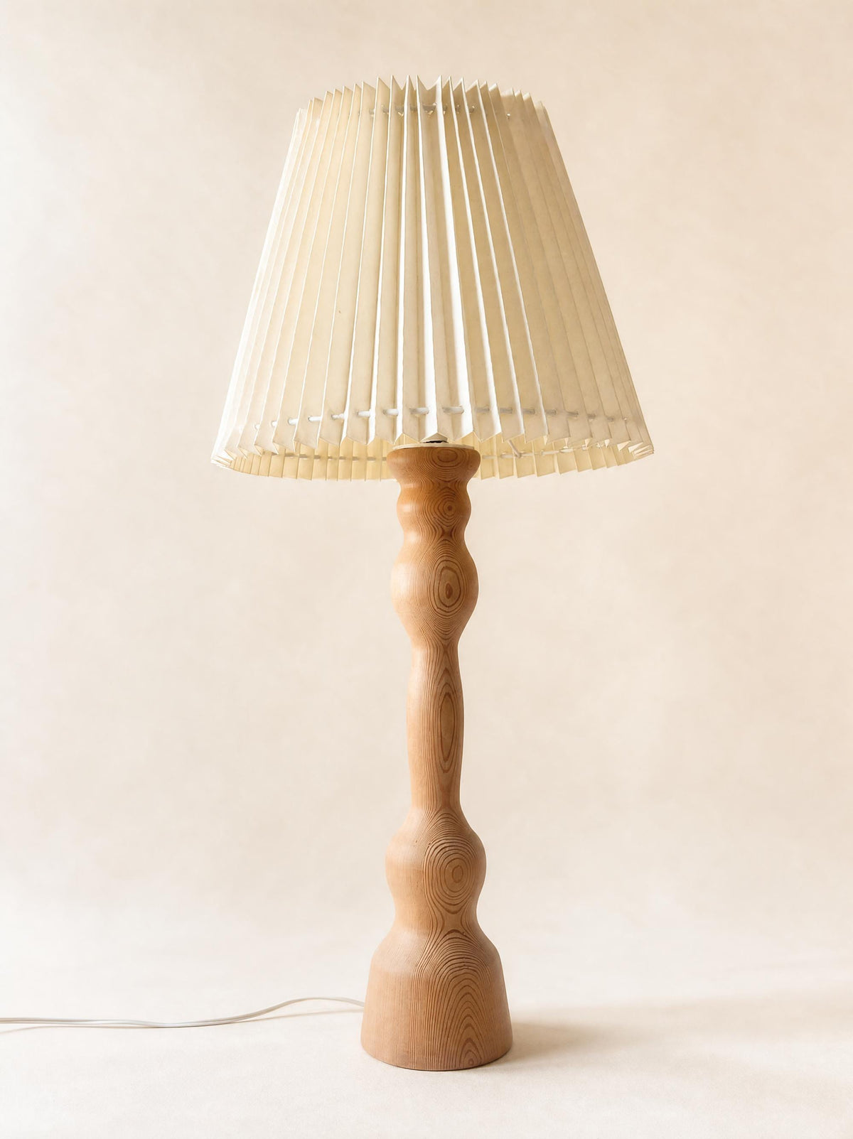 Large Danish Vintage Hand-Carved Wooden Table Lamp with Pleated Shade — photo 2