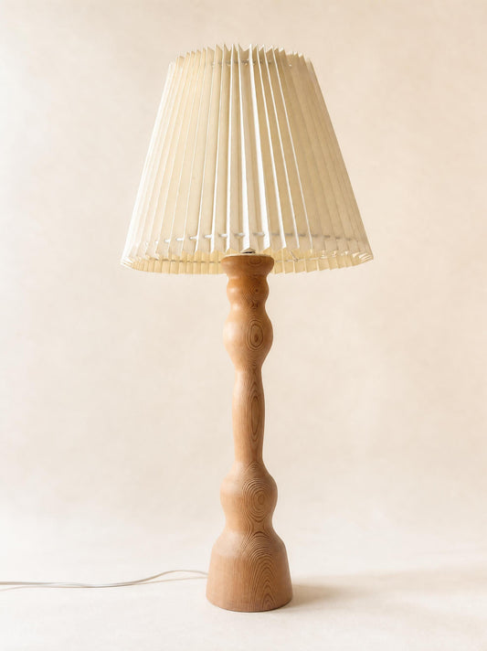 Large Danish Vintage Hand-Carved Wooden Table Lamp with Pleated Shade — photo 2