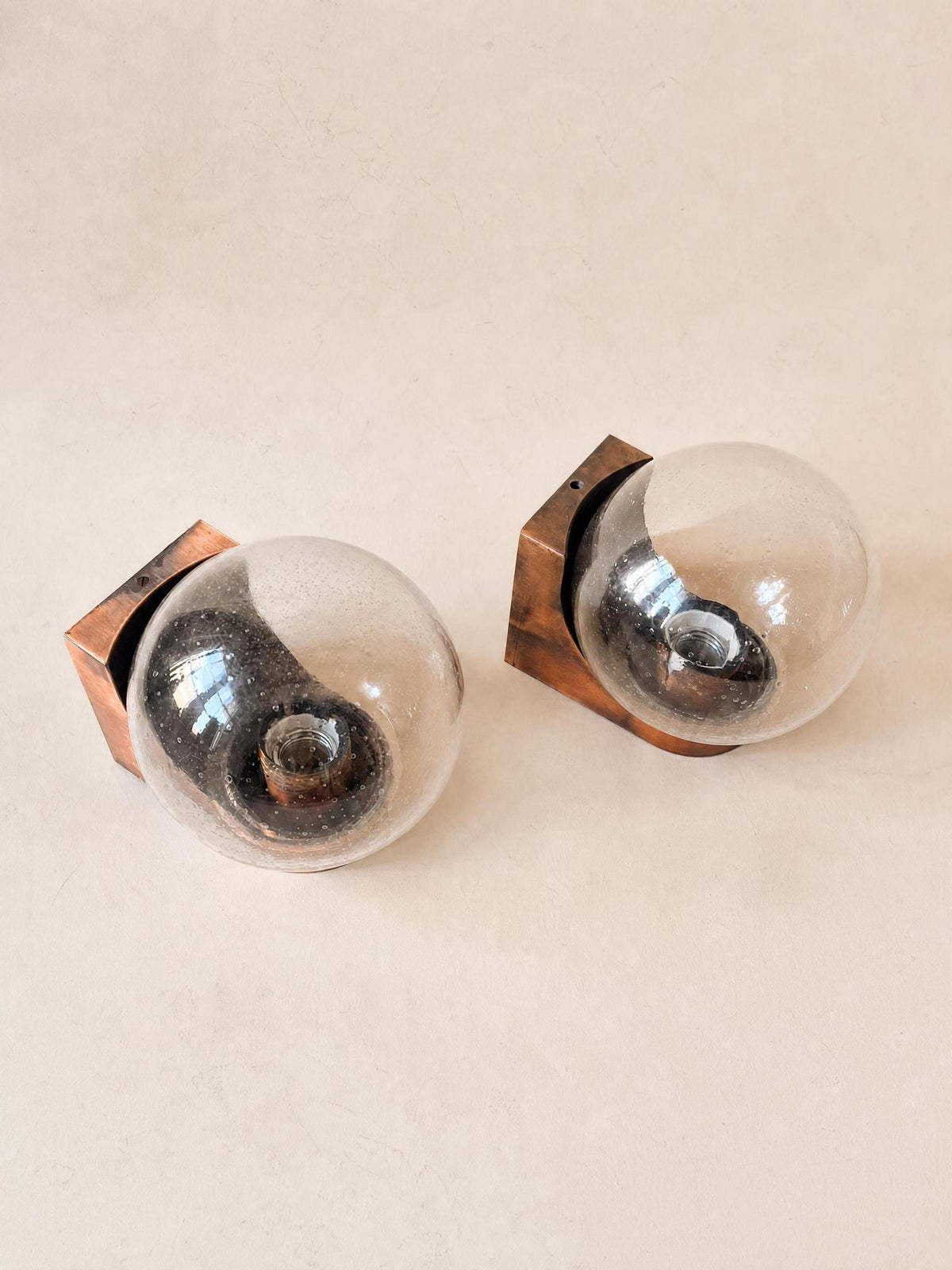Italian 70s Copper and Bubble Glass Wall Sconces, Pair of Globe Wall Lights — photo 6