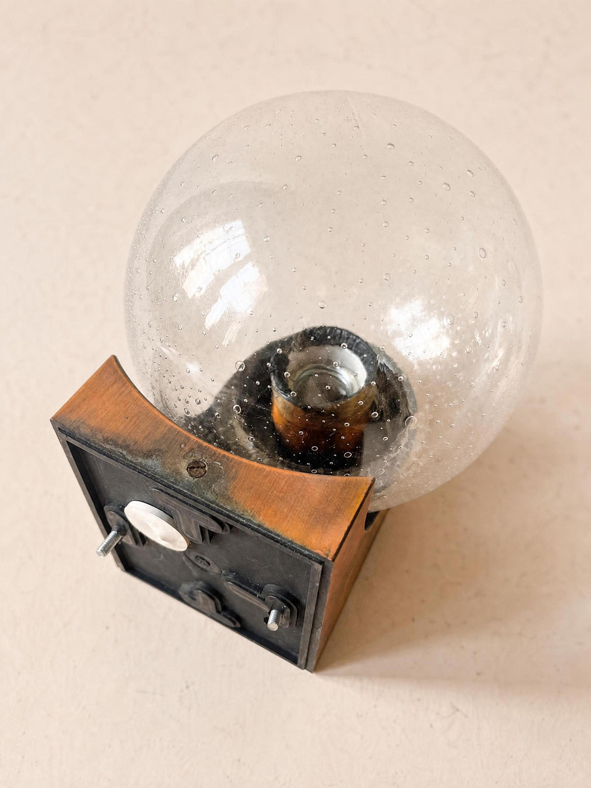Italian 70s Copper and Bubble Glass Wall Sconces, Pair of Globe Wall Lights — photo 10