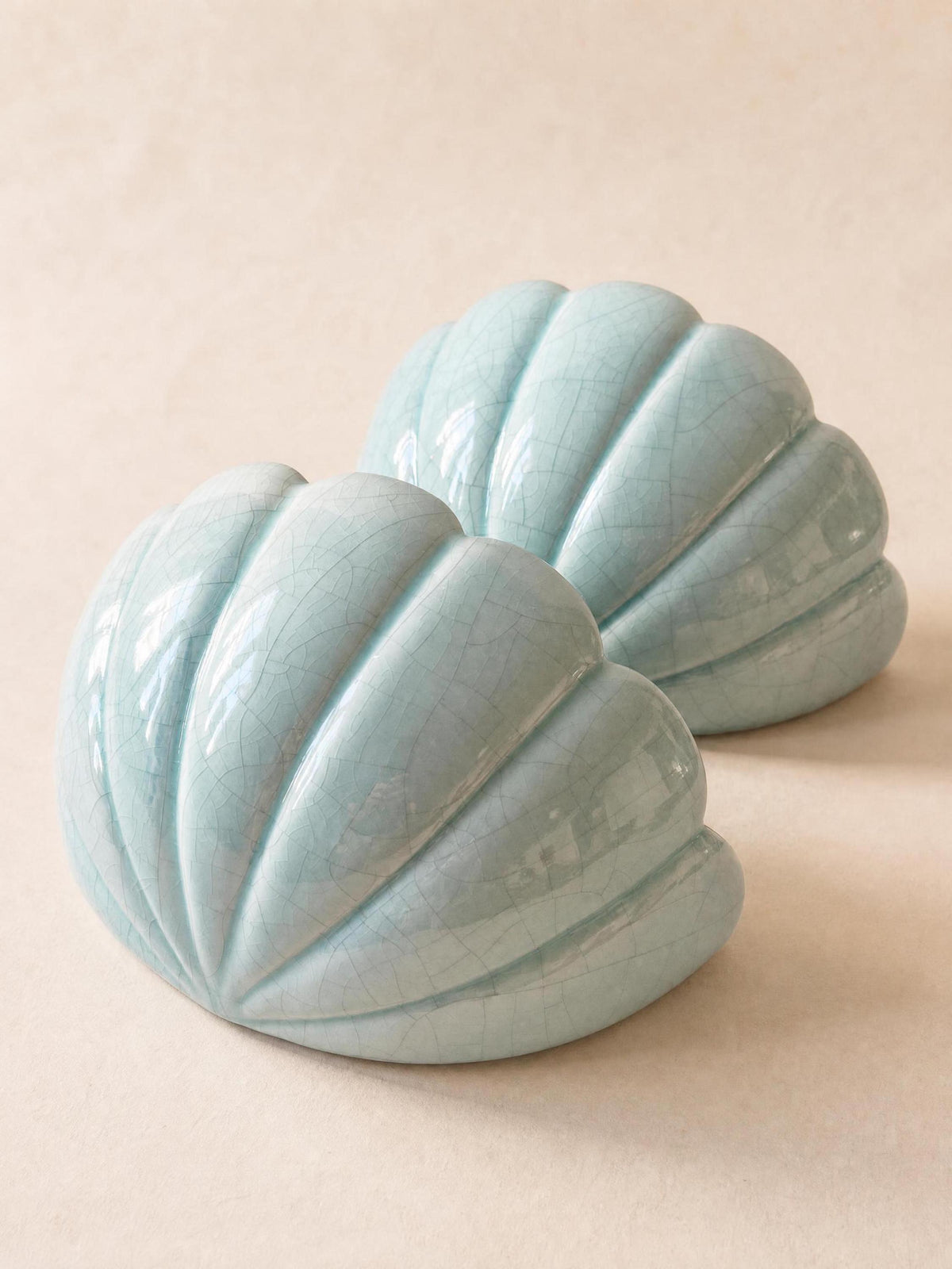 Pair of French 80s Ceramic Wall Lights | Turquoise Shell Form Sconces in Crackle Glaze — photo 3
