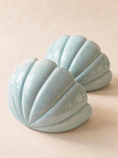 Pair of French 80s Ceramic Wall Lights | Turquoise Shell Form Sconces in Crackle Glaze — photo 3