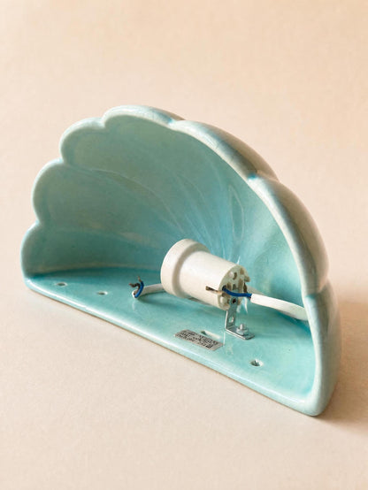 Pair of French 80s Ceramic Wall Lights | Turquoise Shell Form Sconces in Crackle Glaze — photo 10