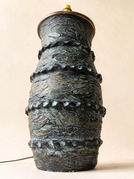 French 70s XL Brutalist Ceramic Table Lamp | Sculptural Black Textured Lamp Base — photo 2