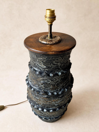 French 70s XL Brutalist Ceramic Table Lamp | Sculptural Black Textured Lamp Base — photo 3