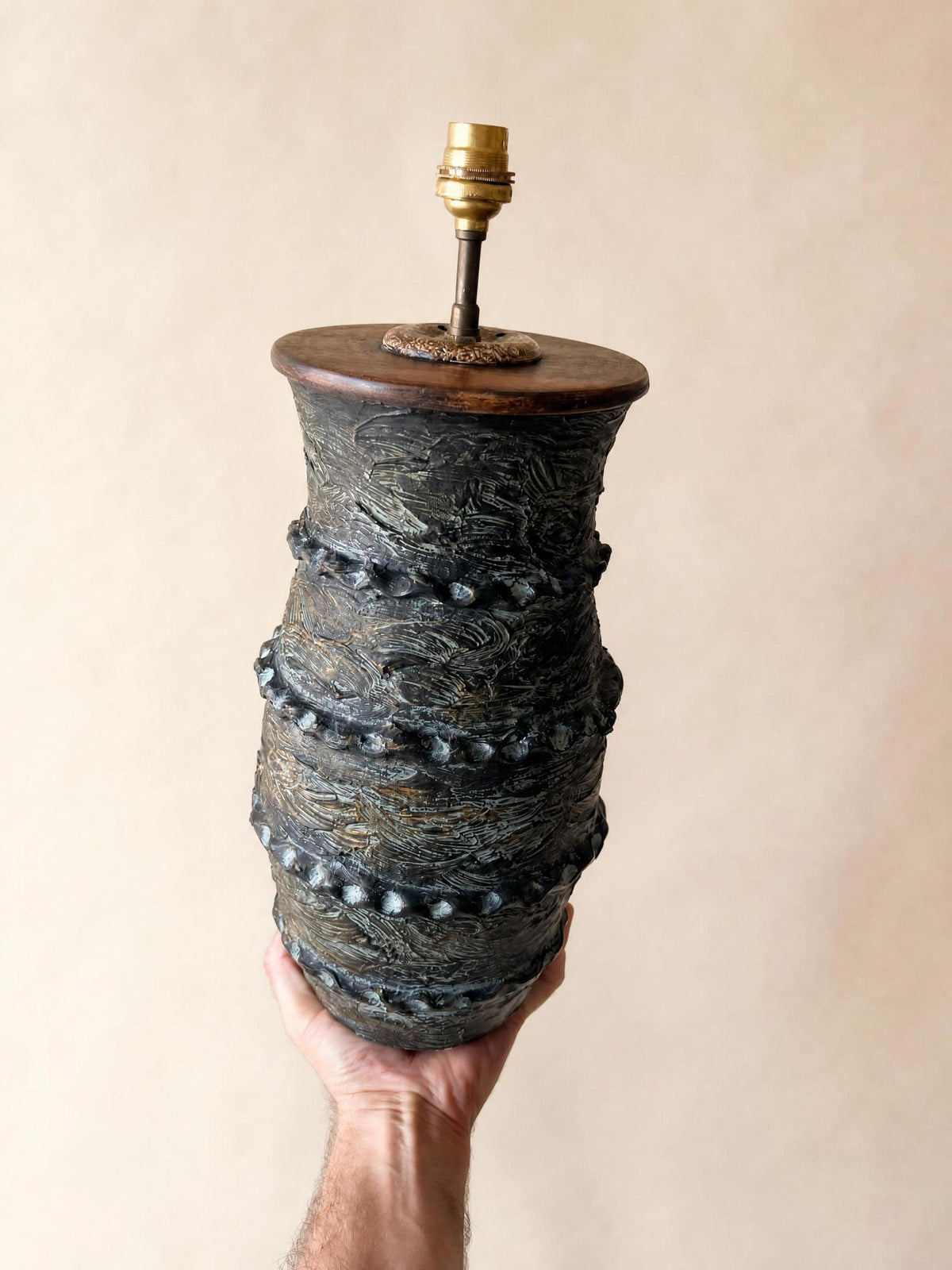 French 70s XL Brutalist Ceramic Table Lamp | Sculptural Black Textured Lamp Base — photo 5