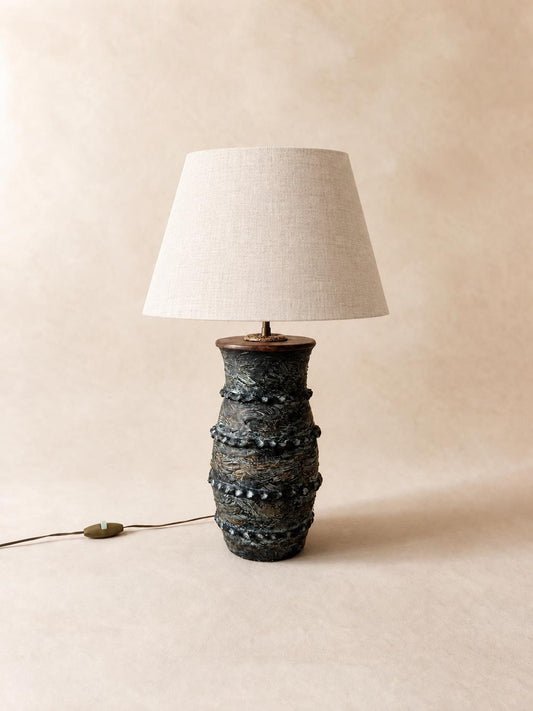 French 70s XL Brutalist Ceramic Table Lamp | Sculptural Black Textured Lamp Base — photo 1