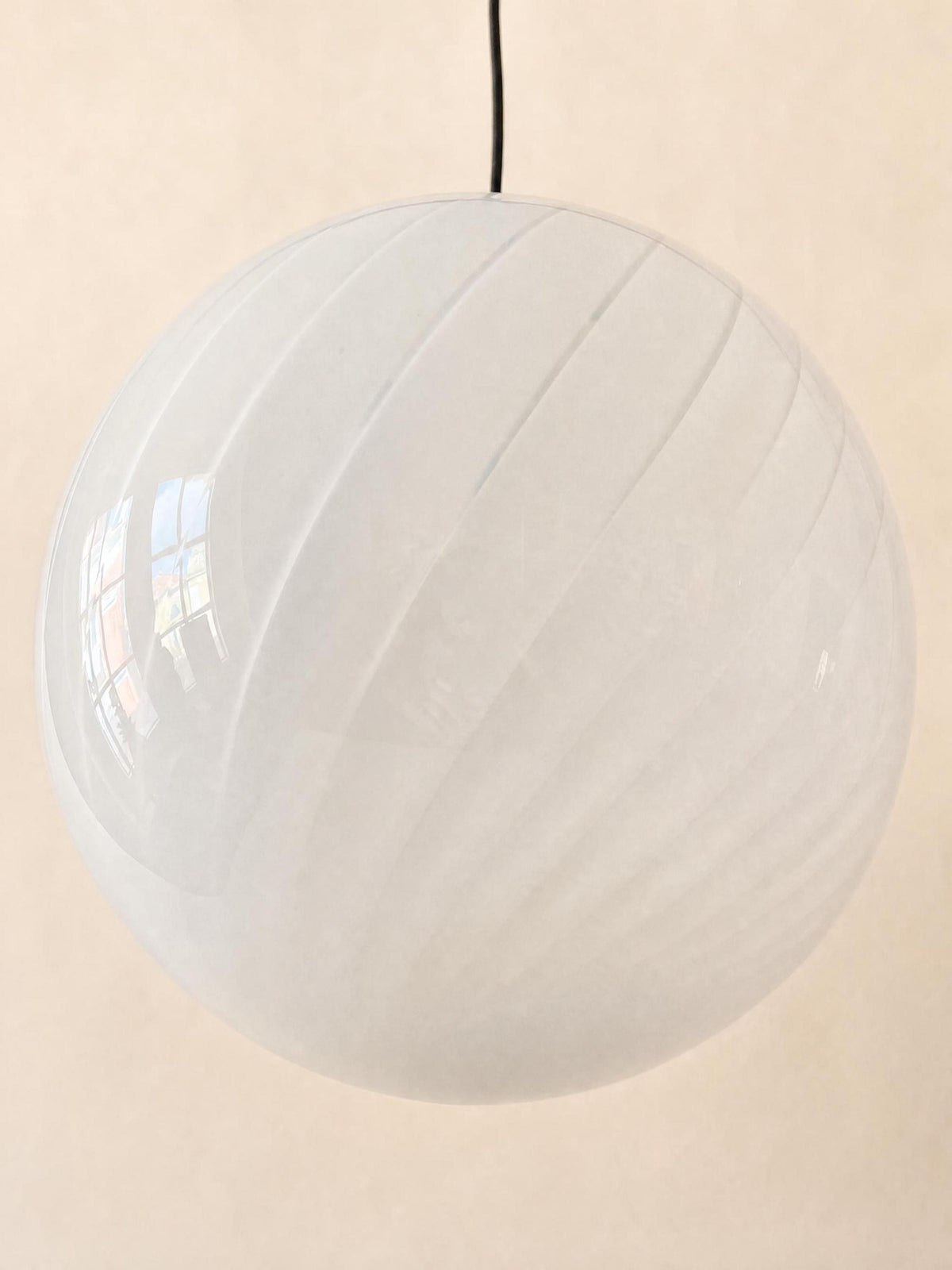 XL Italian 70s Opaline Murano Glass Pendant Light | White Swirl Globe Ceiling Lamp — photo 4