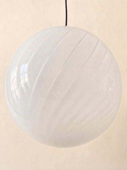 XL Italian 70s Opaline Murano Glass Pendant Light | White Swirl Globe Ceiling Lamp — photo 4