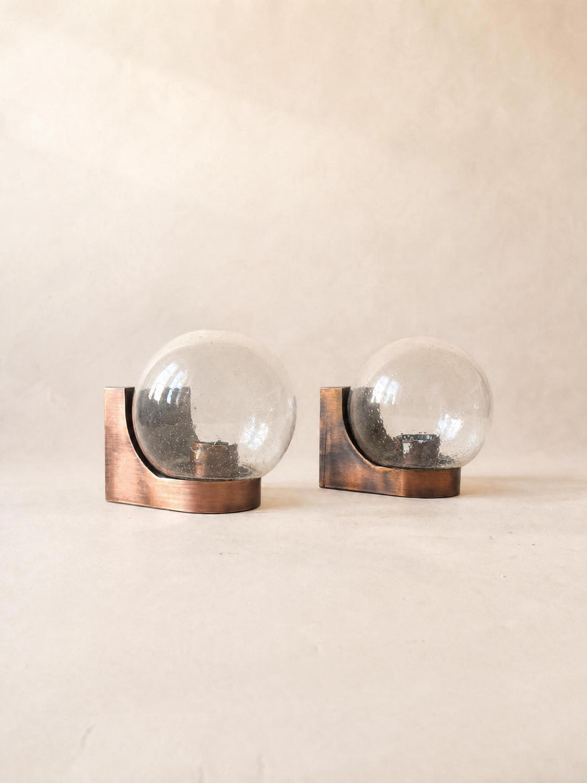 Italian 70s Copper and Bubble Glass Wall Sconces, Pair of Globe Wall Lights — photo 1