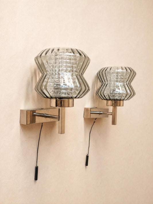 Pair of French 70s Smoked Glass Wall Sconces | Chrome Mid Century Wall Lights — photo 2