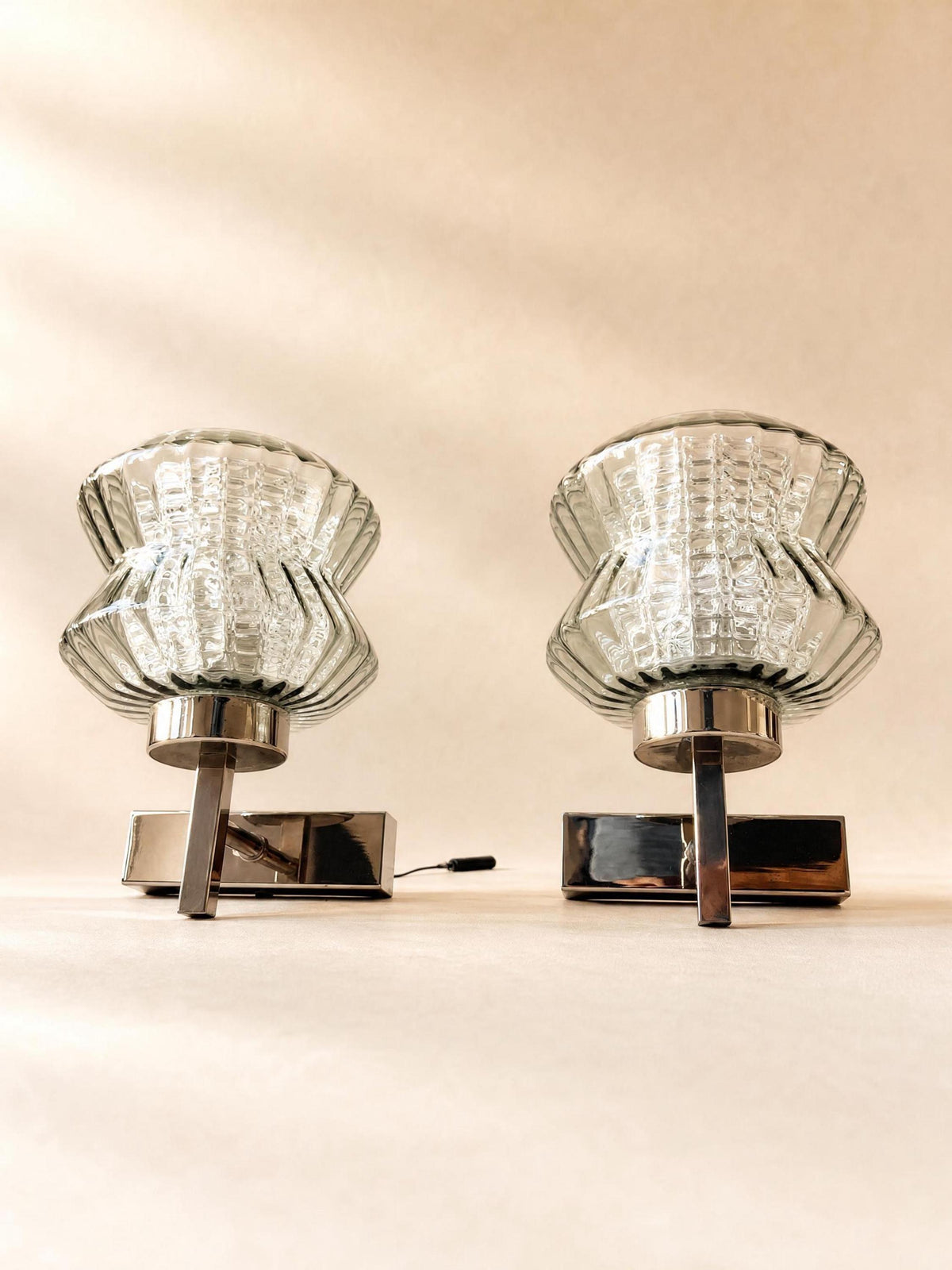 Pair of French 70s Smoked Glass Wall Sconces | Chrome Mid Century Wall Lights — photo 3
