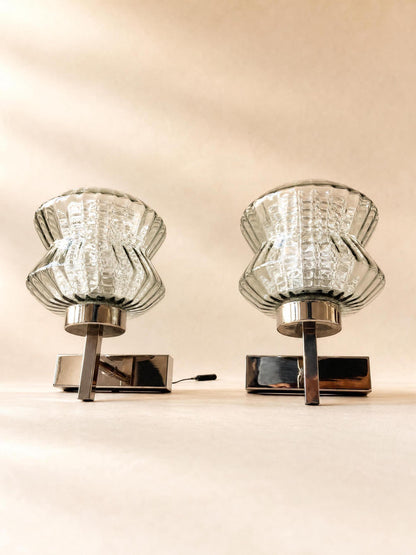 Pair of French 70s Smoked Glass Wall Sconces | Chrome Mid Century Wall Lights — photo 3