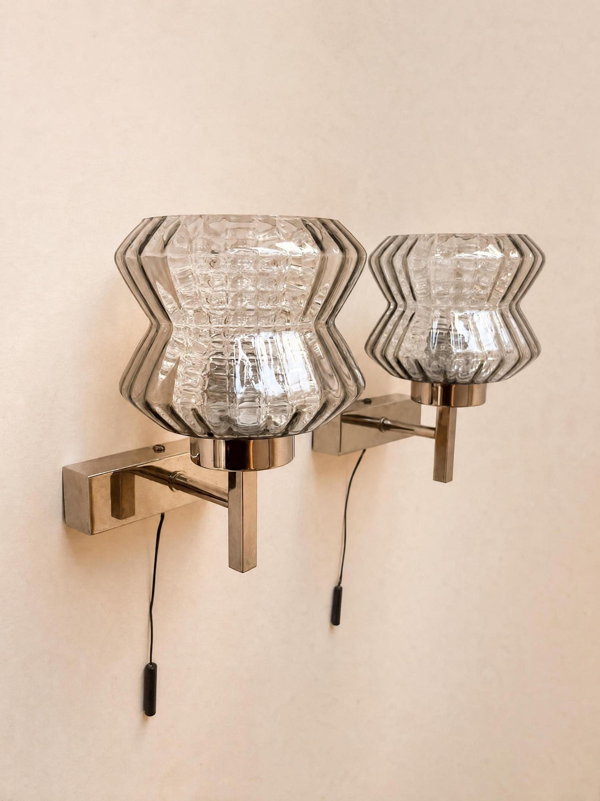 Pair of French 70s Smoked Glass Wall Sconces | Chrome Mid Century Wall Lights — photo 4