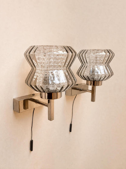 Pair of French 70s Smoked Glass Wall Sconces | Chrome Mid Century Wall Lights — photo 4