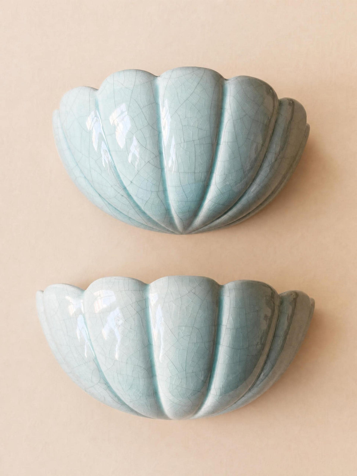 Pair of French 80s Ceramic Wall Lights | Turquoise Shell Form Sconces in Crackle Glaze — photo 2