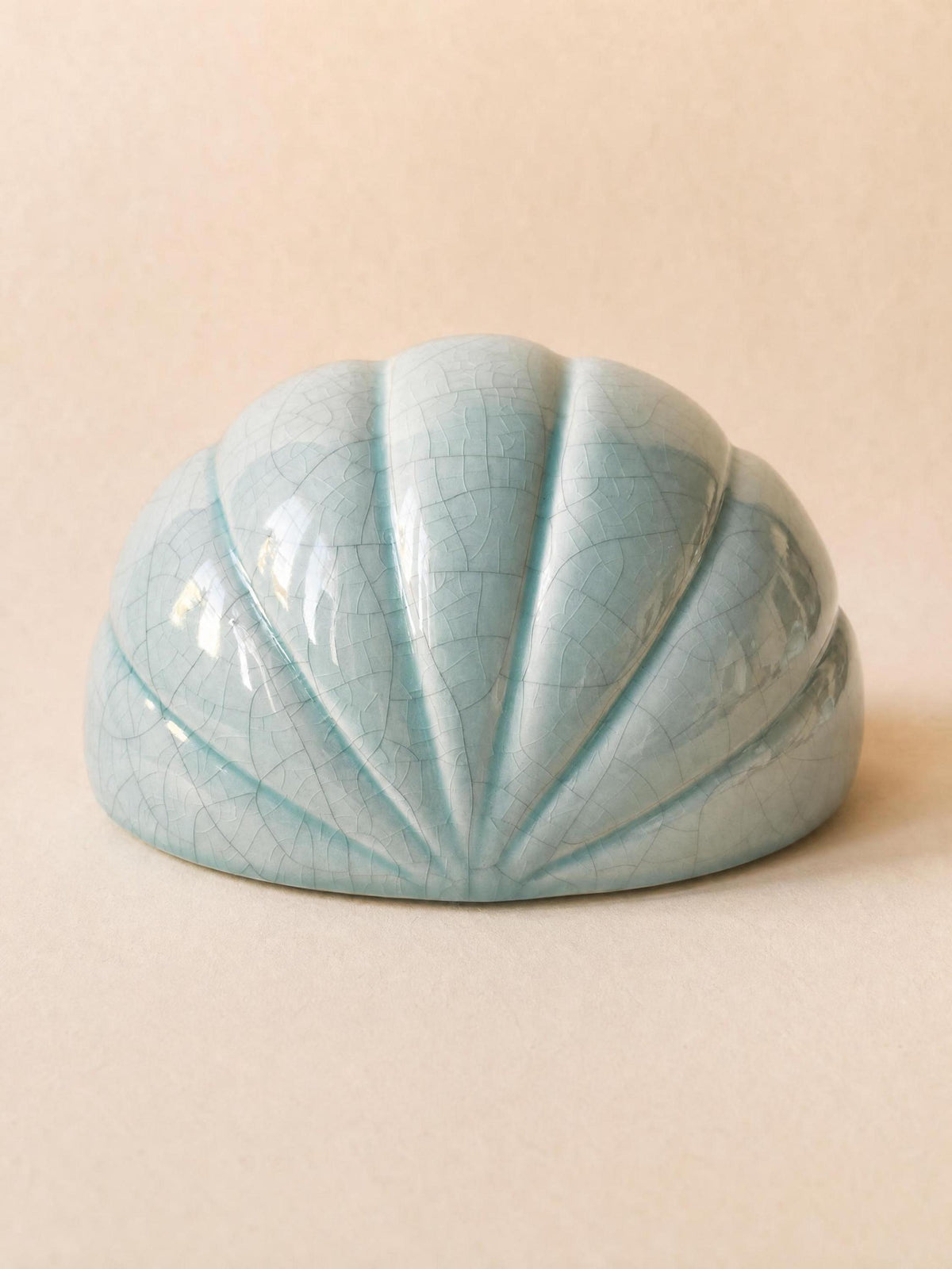 Pair of French 80s Ceramic Wall Lights | Turquoise Shell Form Sconces in Crackle Glaze — photo 4