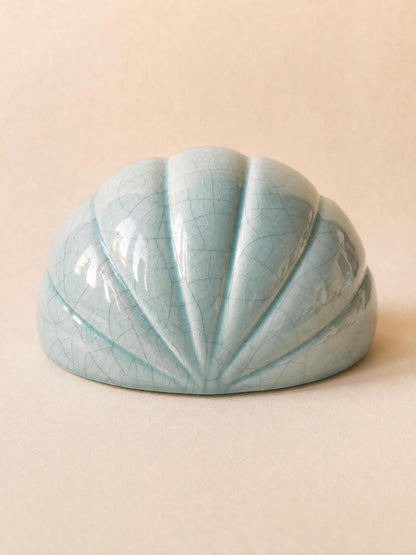 Pair of French 80s Ceramic Wall Lights | Turquoise Shell Form Sconces in Crackle Glaze — photo 4