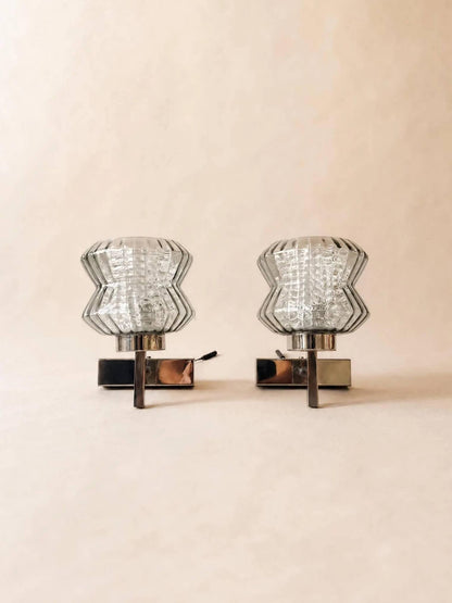 Pair of French 70s Smoked Glass Wall Sconces | Chrome Mid Century Wall Lights — photo 1