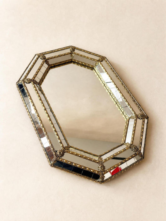 Octagonal Venetian 70s Brass Wall Mirror | Hollywood Regency Beveled Frame — photo 2