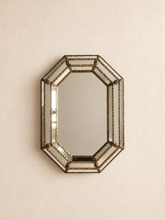 Octagonal Venetian 70s Brass Wall Mirror | Hollywood Regency Beveled Frame — photo 1
