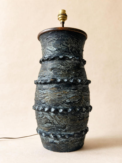 French 70s XL Brutalist Ceramic Table Lamp | Sculptural Black Textured Lamp Base — photo 4