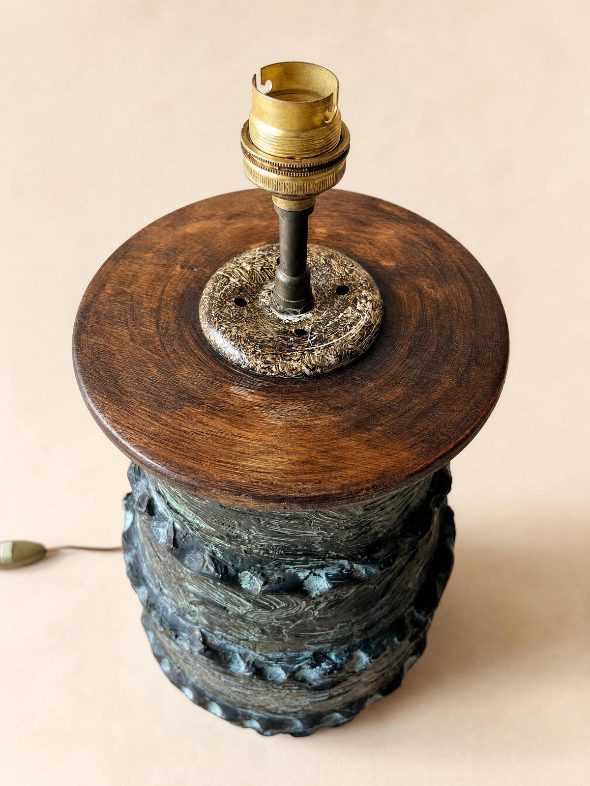 French 70s XL Brutalist Ceramic Table Lamp | Sculptural Black Textured Lamp Base — photo 9