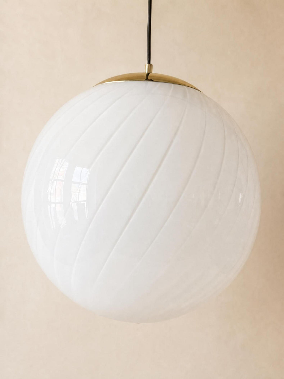 XL Italian 70s Opaline Murano Glass Pendant Light | White Swirl Globe Ceiling Lamp — photo 3