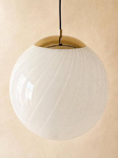 XL Italian 70s Opaline Murano Glass Pendant Light | White Swirl Globe Ceiling Lamp — photo 5