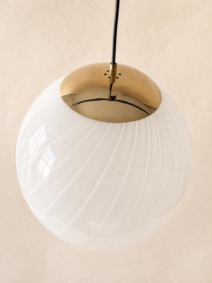 XL Italian 70s Opaline Murano Glass Pendant Light | White Swirl Globe Ceiling Lamp — photo 7
