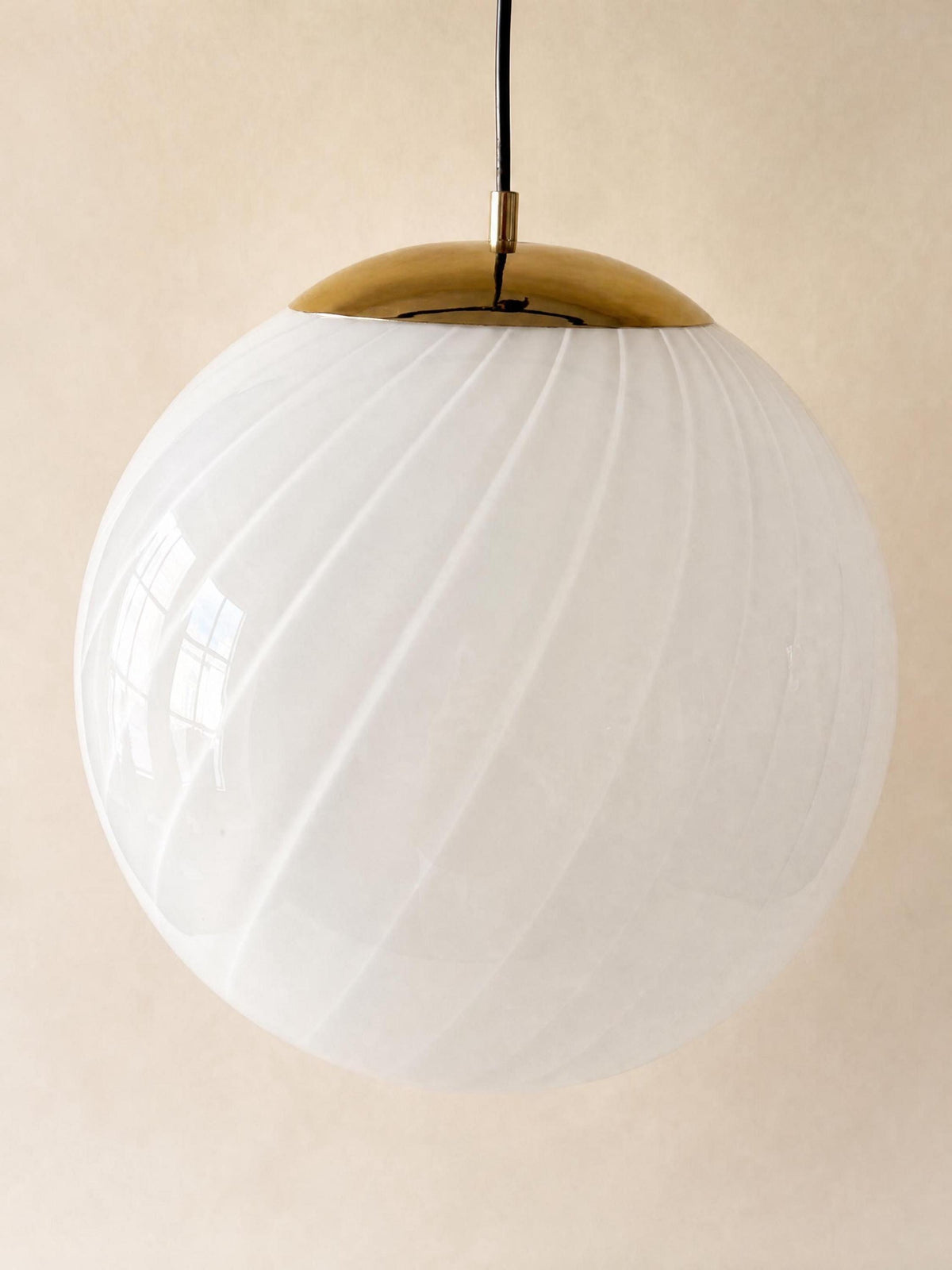 XL Italian 70s Opaline Murano Glass Pendant Light | White Swirl Globe Ceiling Lamp — photo 8